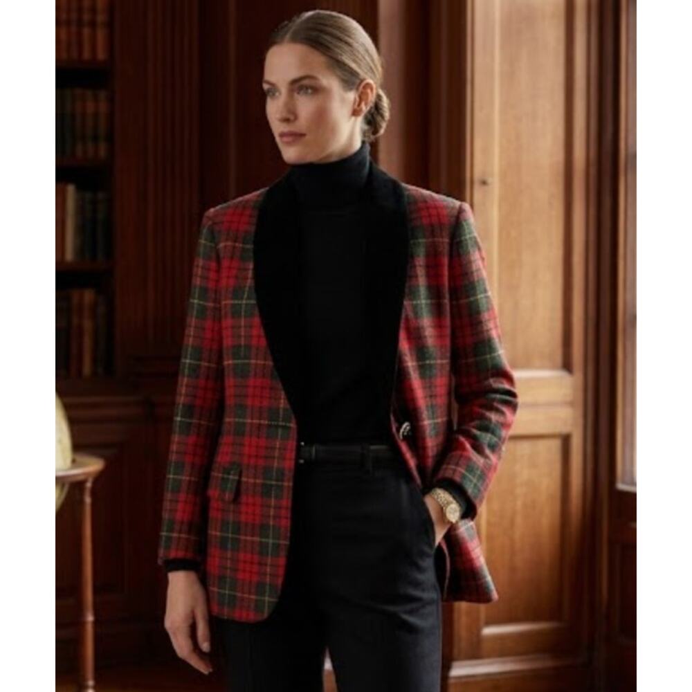 Vintage Anne Klein II Red Tartan Plaid Velvet Collar Blazer 8 Petite Wide lapel - Picture 1 of 9